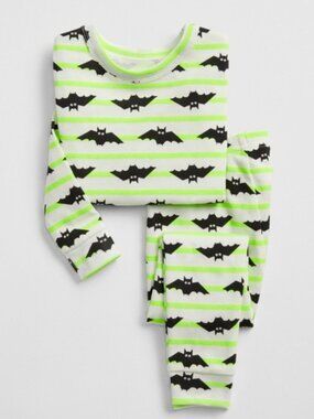 baby GAP Bat Print PJ Set Pajama Set Green Stripes with Black Bats 12-18 mo